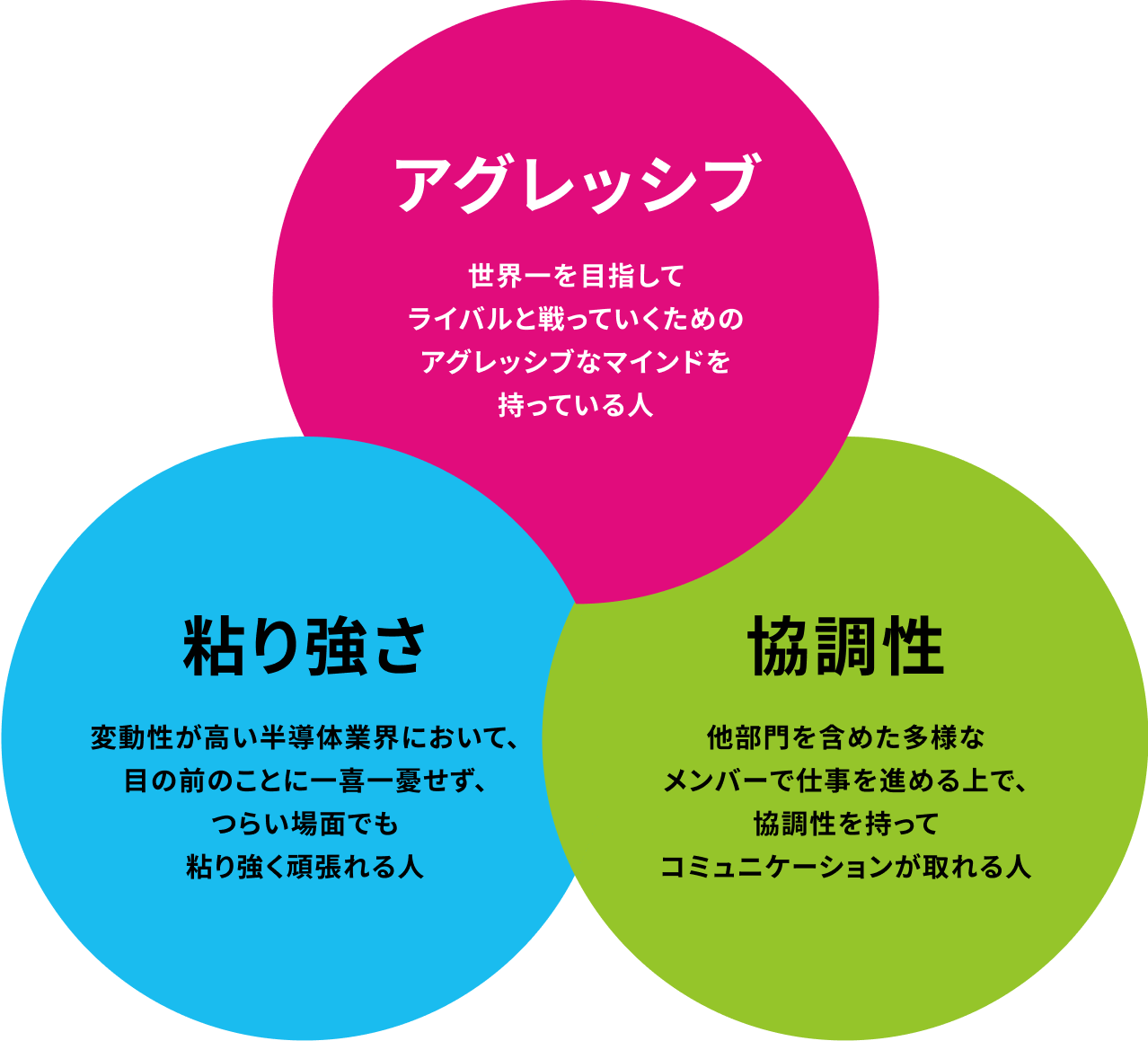 アグレッシブ 世界一を目指してライバルと戦っていくためのアグレッシブなマインドを持っている人 粘り強さ 変動性が高い半導体業界において、目の前のことに一喜一憂せず、つらい場面でも粘り強く頑張れる人 協調性 他部門を含めた多様なメンバーで仕事を進める上で、協調性を持ってコミュニケーションが取れる人